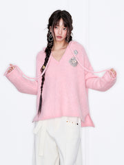 MUKZIN「 カプセルシリーズ 」ピンクモヘアルーズ V ネックセーター