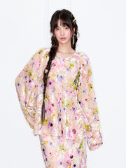 MUKZIN「 カプセルシリーズ 」花模様水彩風シングルブレスト刺繍トップス