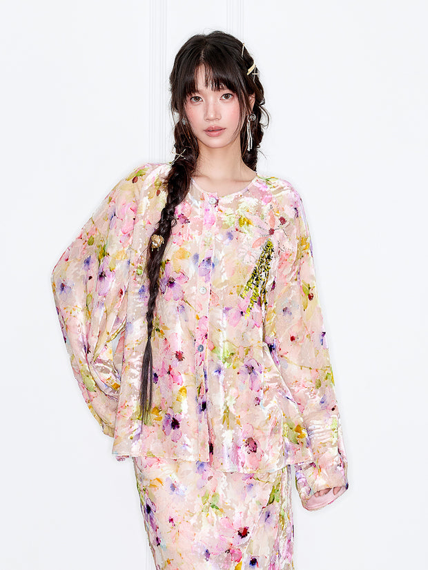 MUKZIN「 カプセルシリーズ 」花模様水彩風シングルブレスト刺繍トップス