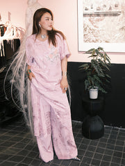 MUKZIN「 カプセルシリーズ 」女性用ピンクジャガードシークインフラワー刺繍ルーズショートスリーブトップス