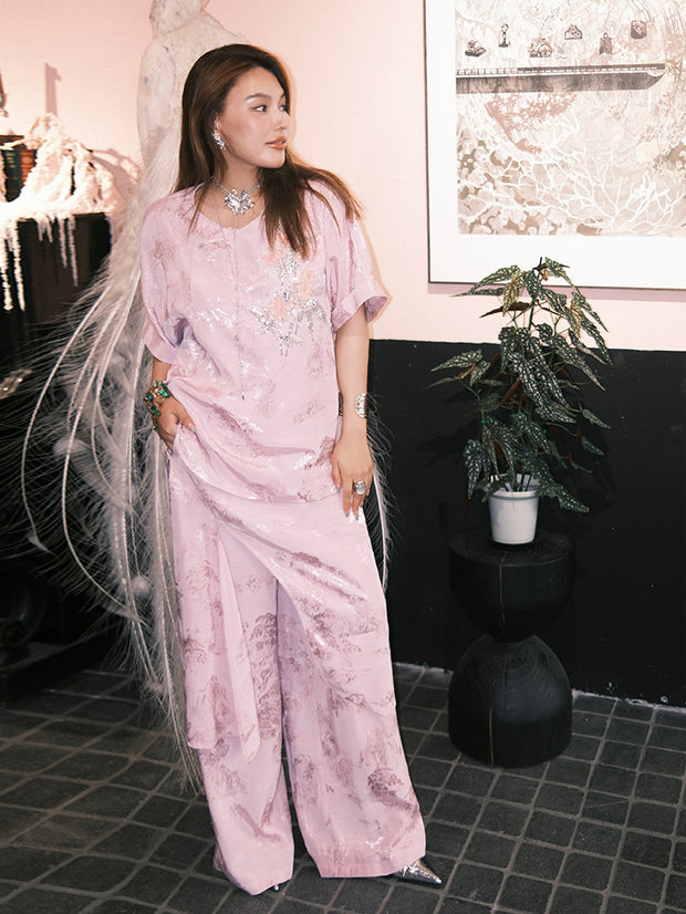 MUKZIN「 カプセルシリーズ 」女性用ピンクジャガードシークインフラワー刺繍ルーズショートスリーブトップス