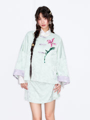 MUKZIN「 カプセルシリーズ 」薄緑ジャカード鳳眼ボタン 立体フラワースパンコール刺繍 ルーズショートジャケット