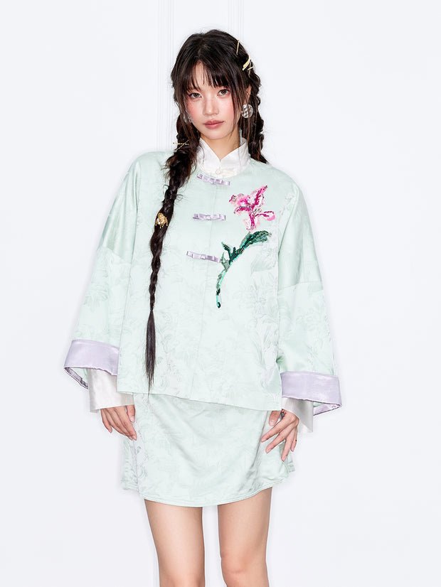 MUKZIN「 カプセルシリーズ 」薄緑ジャカード鳳眼ボタン 立体フラワースパンコール刺繍 ルーズショートジャケット