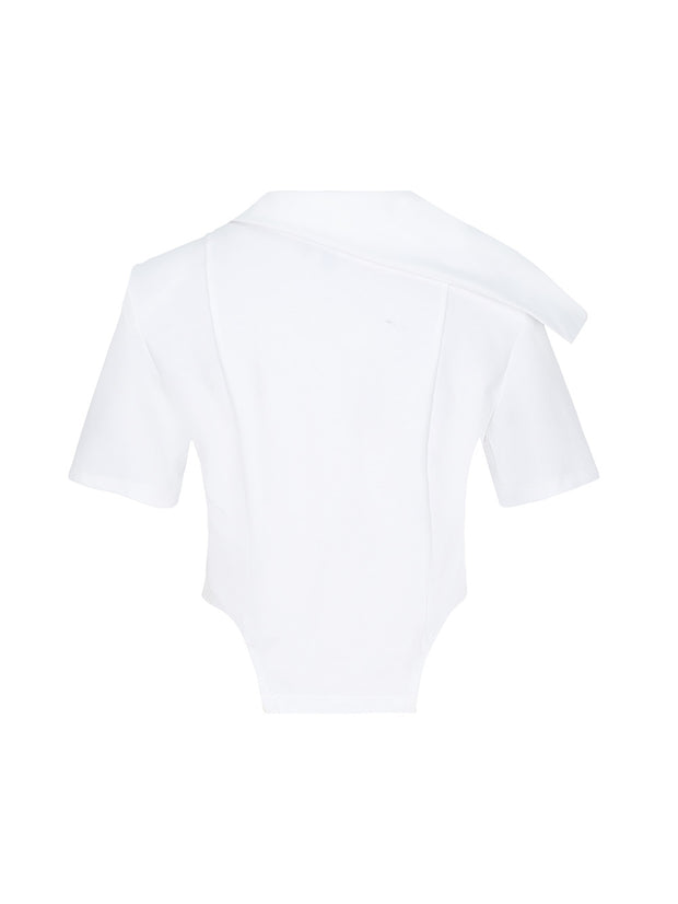 MUKZIN 折襟ミニ丈ホワイトカジュアルオリジナルTシャツ-蝶の夢