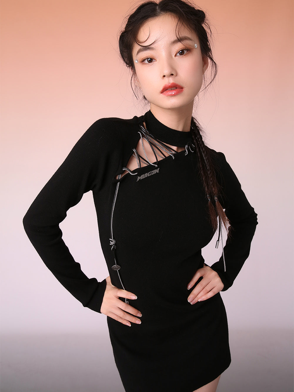 MUKZIN ブラックエレガントワンピースチャイナドレス-宇宙の落書き  