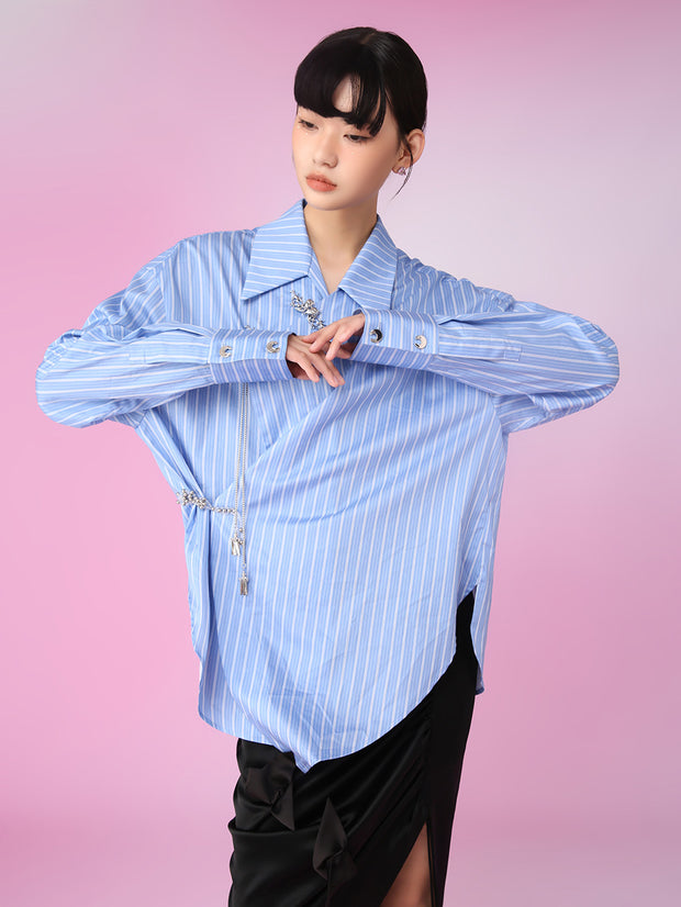 MUKZIN ブルー合わせやすい高品質ストライプシャツ-不羨仙
