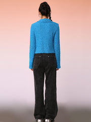 MUKZIN 刺繍ブルー可愛い兎飾り折襟ニットセーター-不羨仙