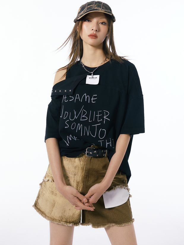 MUKTANK×WESAME ルーズレタープリントオフショルダー半袖Tシャツ
