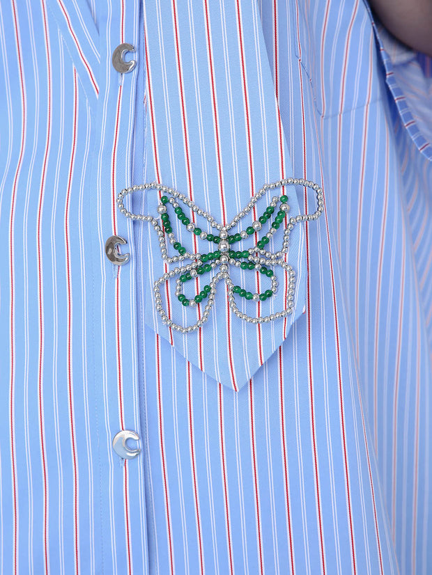 MUKZIN 半袖ストライプ柄ルーズカジュアルシャツ-蝶の夢