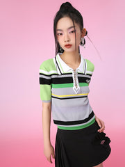 MUKZIN 若いアップルグリーンストライプ ポロシャツ-不羨仙