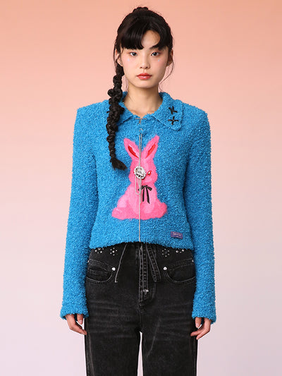 MUKZIN 刺繍ブルー可愛い兎飾り折襟ニットセーター-不羨仙