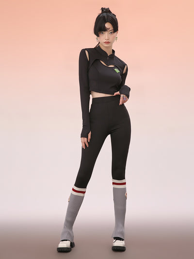 MUKZIN レギンススリム切り替えしソックス付き着痩せパンツ-宇宙の落書き