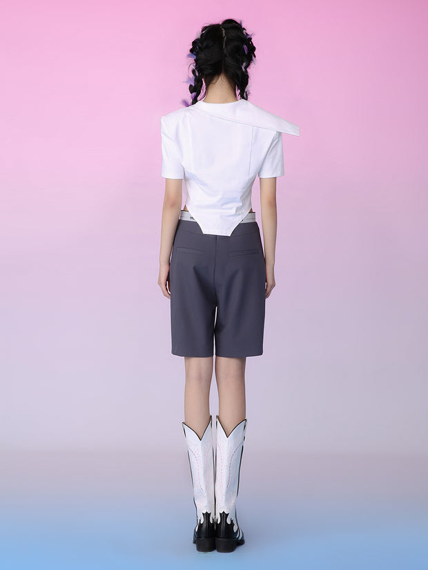MUKZIN 折襟ミニ丈ホワイトカジュアルオリジナルTシャツ-蝶の夢