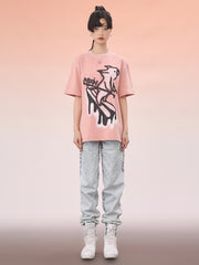 MUKZIN ピンク新品合わせやすいキャンパス風トレンドTシャツ-宇宙の落書き