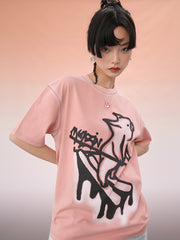 MUKZIN ピンク新品合わせやすいキャンパス風トレンドTシャツ-宇宙の落書き