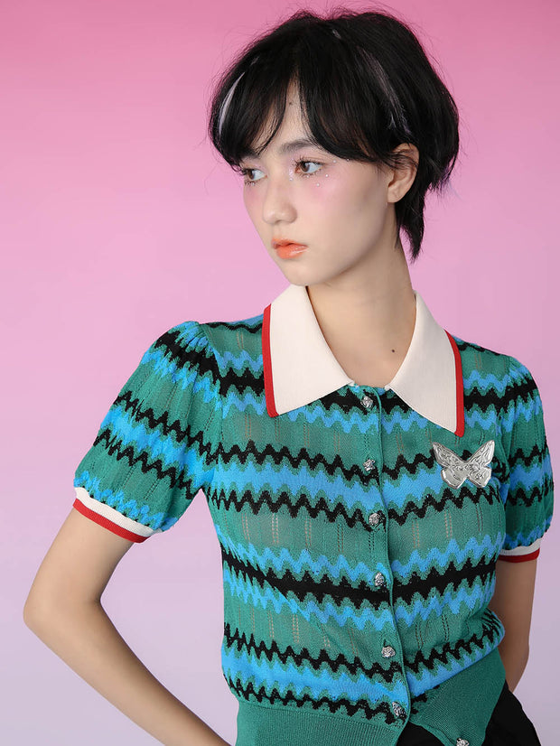 MUKZIN ストライプ柄シングルブレストミニ折襟カジュアルTシャツ-蝶の夢