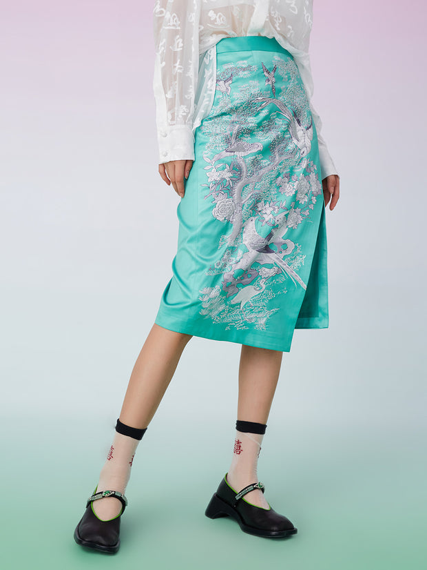 MUKZIN  レトロサイドスリット刺繍スカート緑 -囍XI