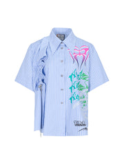 MUKZIN ストライプ柄ブルー半袖人気カジュアルシャツ-蝶の夢