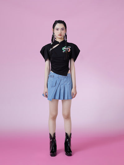 MUKZINチャイナ風ブラック刺繍半袖レトロ風Tシャツ-新武旦