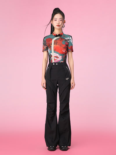 MUKZIN メッシュ切り替えしレトロチャイナ風スリムTシャツ-新武旦