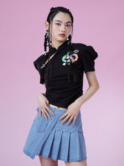 MUKZINチャイナ風ブラック刺繍半袖レトロ風Tシャツ-新武旦