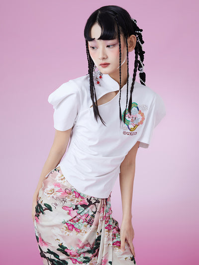 MUKZIN Tシャツホワイトスリム着やすい半袖チャイナ風-新武旦