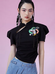 MUKZINチャイナ風ブラック刺繍半袖レトロ風Tシャツ-新武旦