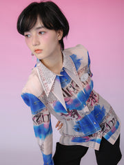 MUKZIN プリント長袖折襟ビーチ風オリジナル高品質シャツ-蝶の夢